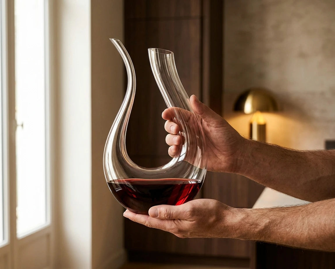 Carafe à vin Le Cristoir tenue en main, cristal de haute qualité, reflets bordeaux