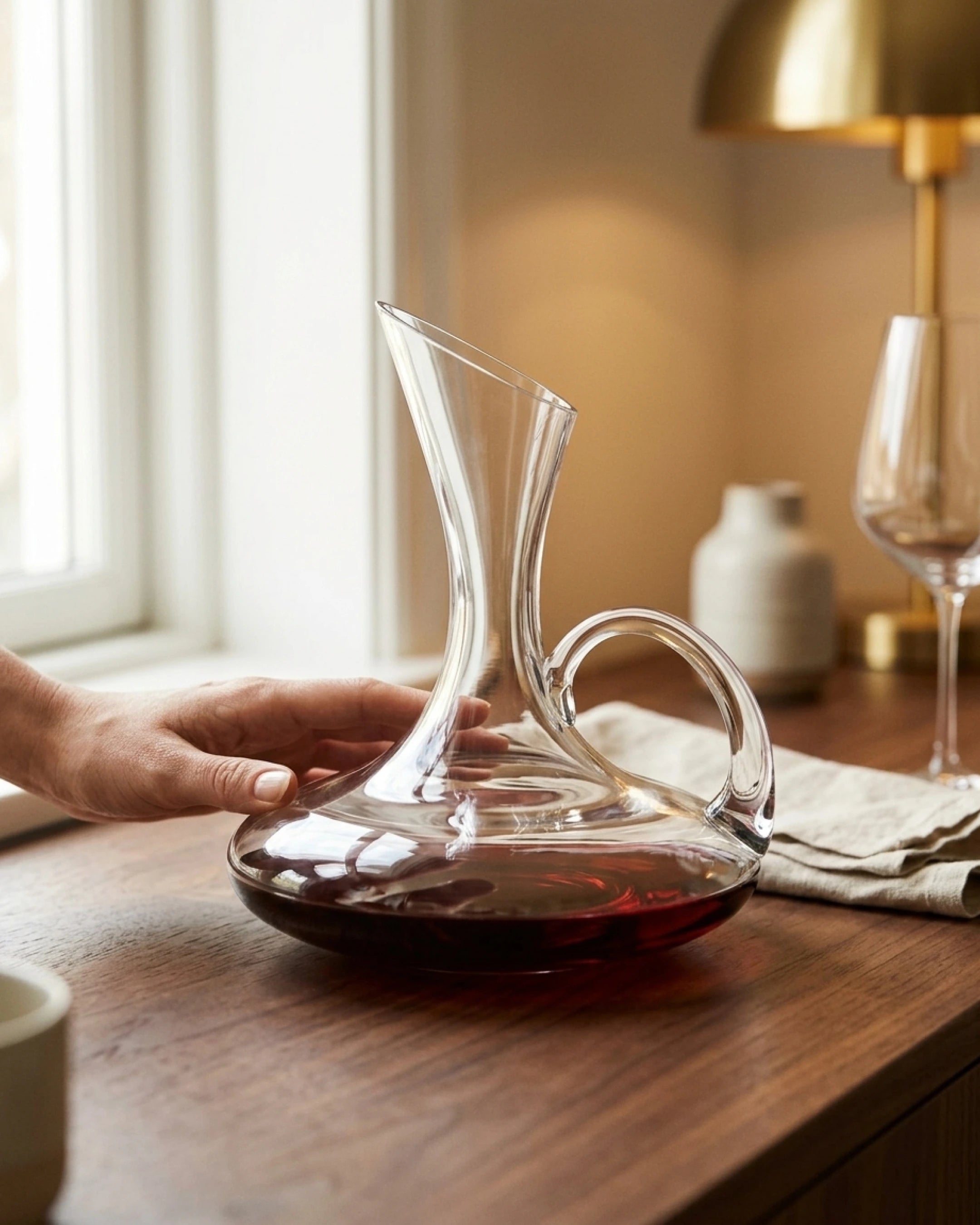 Carafe à vin Aldwen posée sur une table avec une main