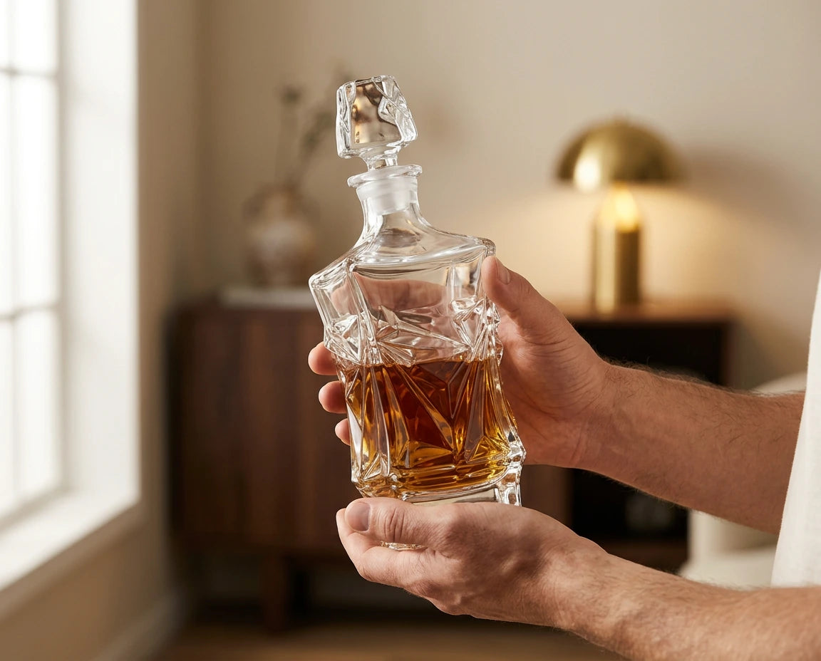 Carafe à whisky Le Cristoir tenue en main, cristal de haute qualité, reflets ambrés, univers premium