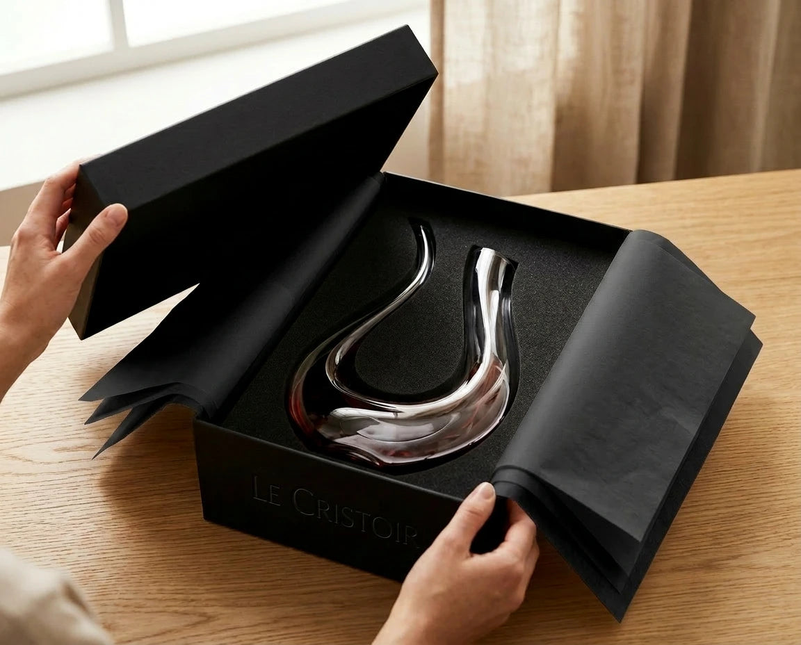Sélection et contrôle qualité des carafes à vin Le Cristoir dans l'atelier depuis Genève